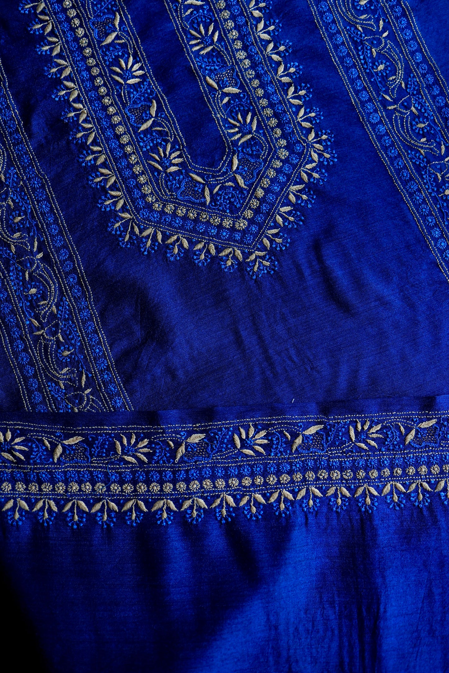 Navy Blue Moonga Silk Front Panel Chikankari Men’s Kurta Fabric