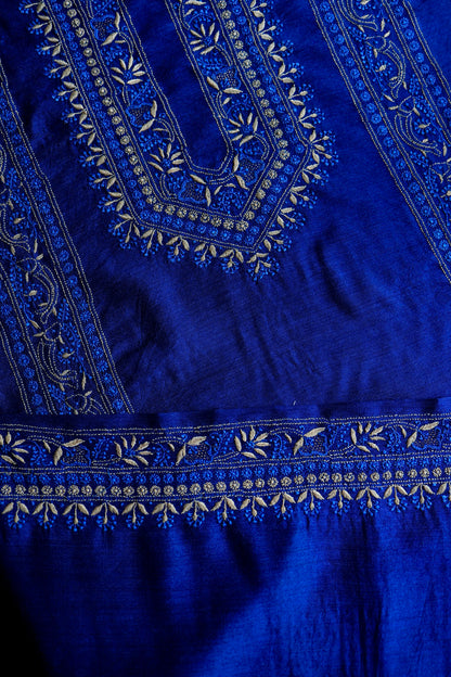Navy Blue Moonga Silk Front Panel Chikankari Men’s Kurta Fabric