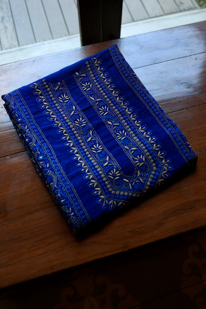 Navy Blue Moonga Silk Front Panel Chikankari Men’s Kurta Fabric