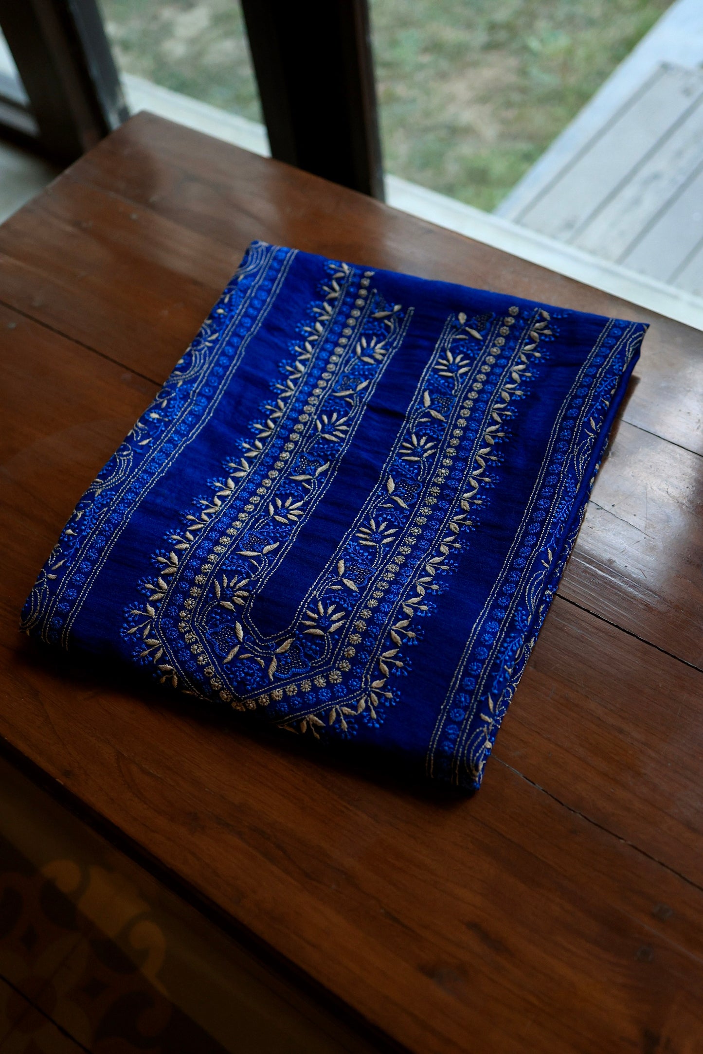 Navy Blue Moonga Silk Front Panel Chikankari Men’s Kurta Fabric