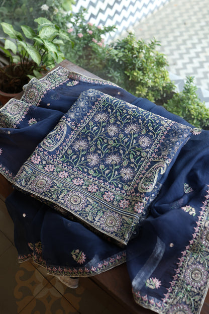 Navy Blue Noor Banarasi Organza Chikankari Unstitched Fabric