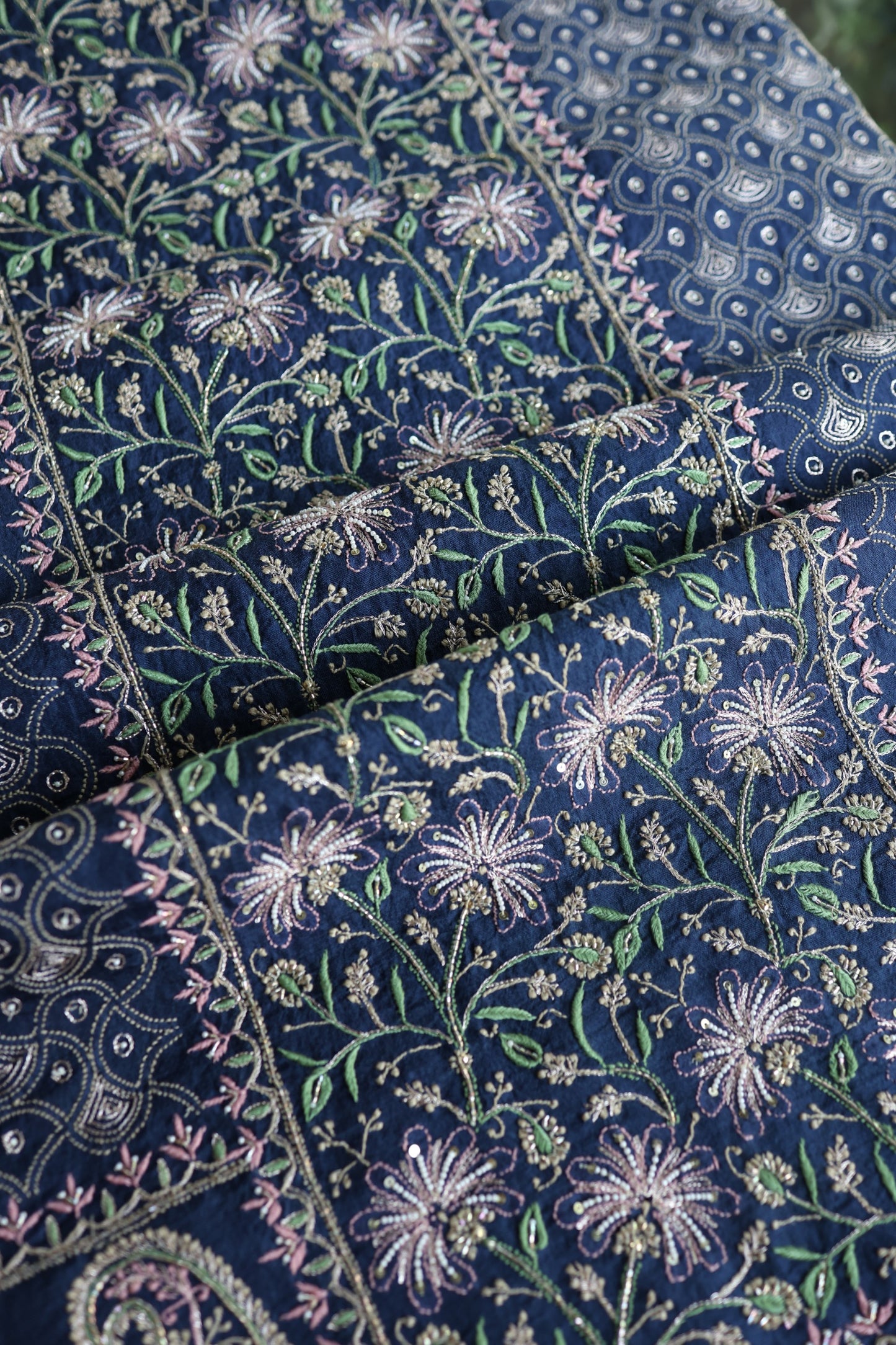 Navy Blue Noor Banarasi Organza Chikankari Unstitched Fabric