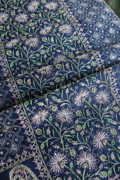 Navy Blue Noor Banarasi Organza Chikankari Unstitched Fabric