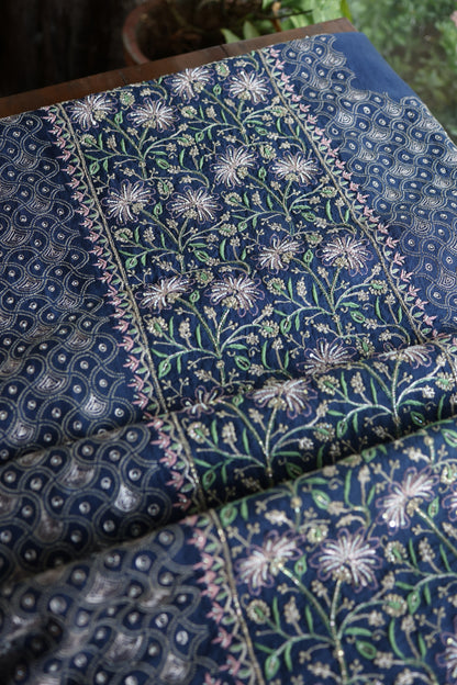 Navy Blue Noor Banarasi Organza Chikankari Unstitched Fabric