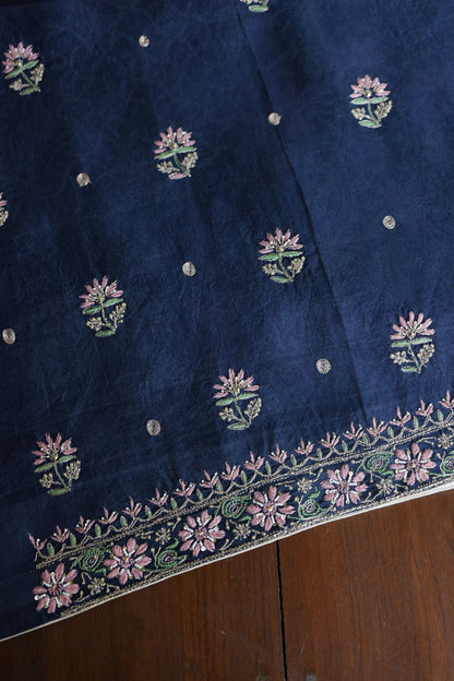 Navy Blue Noor Banarasi Organza Chikankari Unstitched Fabric