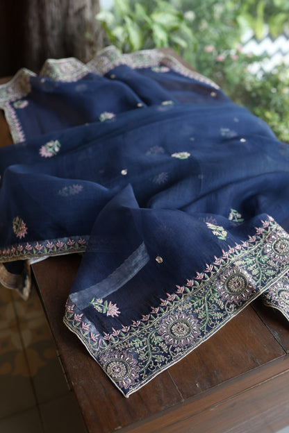 Navy Blue Noor Banarasi Organza Chikankari Unstitched Fabric