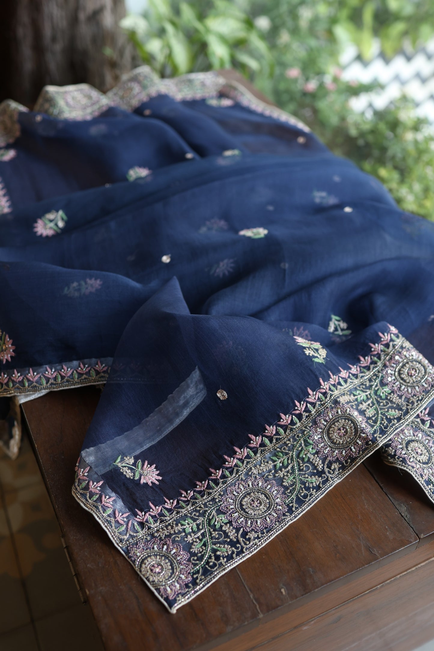 Navy Blue Noor Banarasi Organza Chikankari Unstitched Fabric