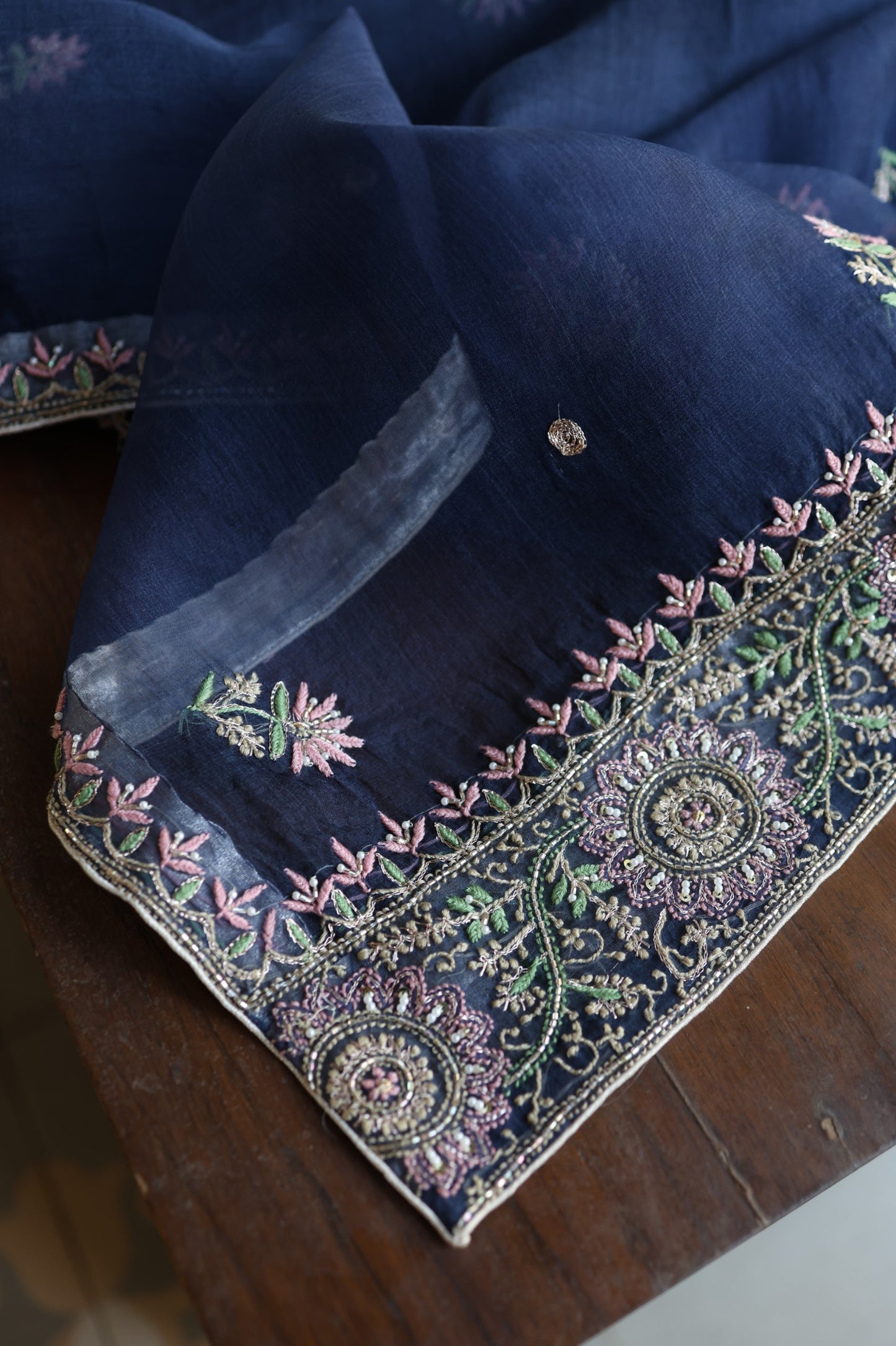 Navy Blue Noor Banarasi Organza Chikankari Unstitched Fabric