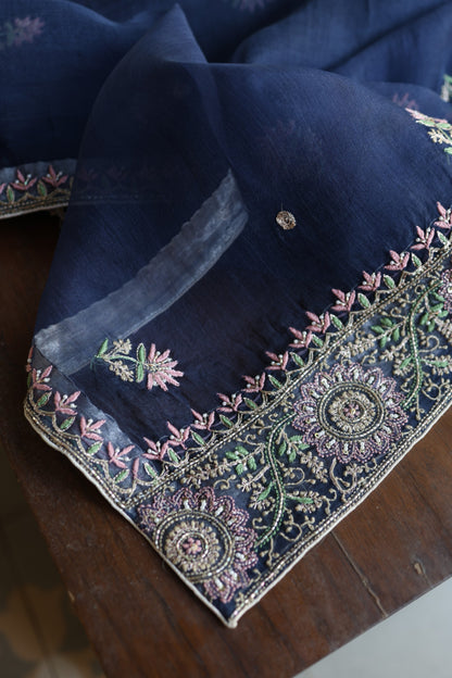 Navy Blue Noor Banarasi Organza Chikankari Unstitched Fabric