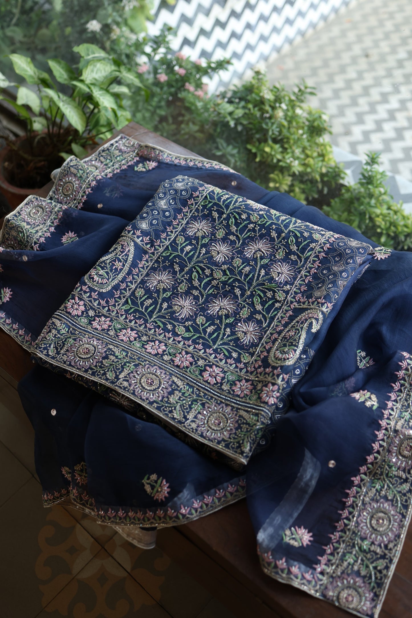 Navy Blue Noor Banarasi Organza Chikankari Unstitched Fabric