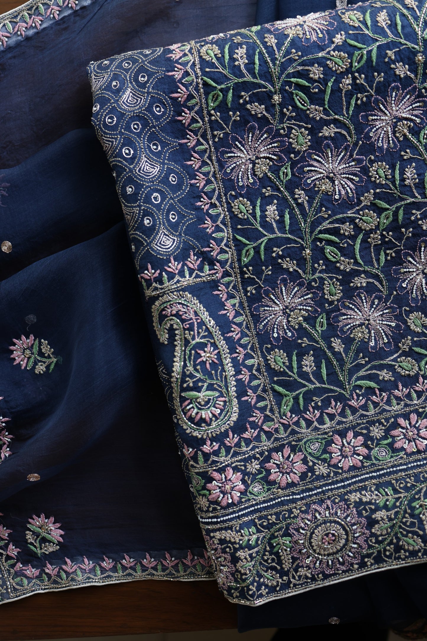 Navy Blue Noor Banarasi Organza Chikankari Unstitched Fabric