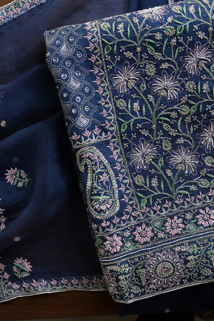Navy Blue Noor Banarasi Organza Chikankari Unstitched Fabric