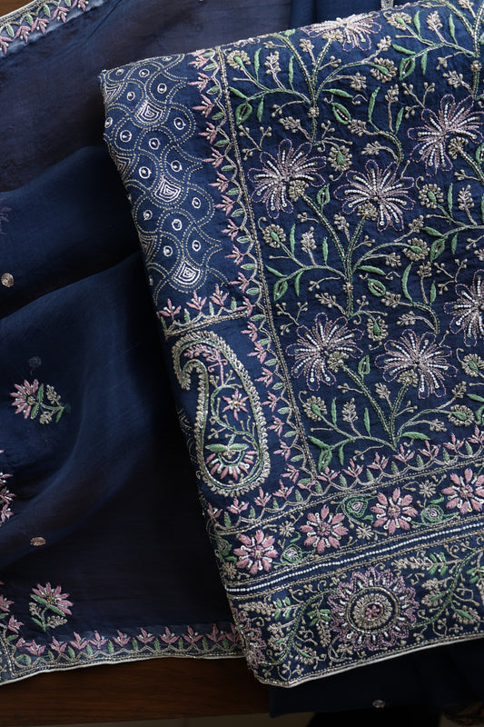Navy Blue Noor Banarasi Organza Chikankari Unstitched Fabric