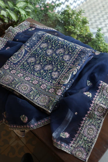 Navy Blue Noor Banarasi Organza Chikankari Unstitched Fabric