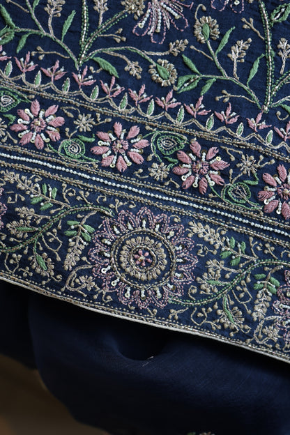 Navy Blue Noor Banarasi Organza Chikankari Unstitched Fabric