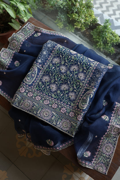 Navy Blue Noor Banarasi Organza Chikankari Unstitched Fabric