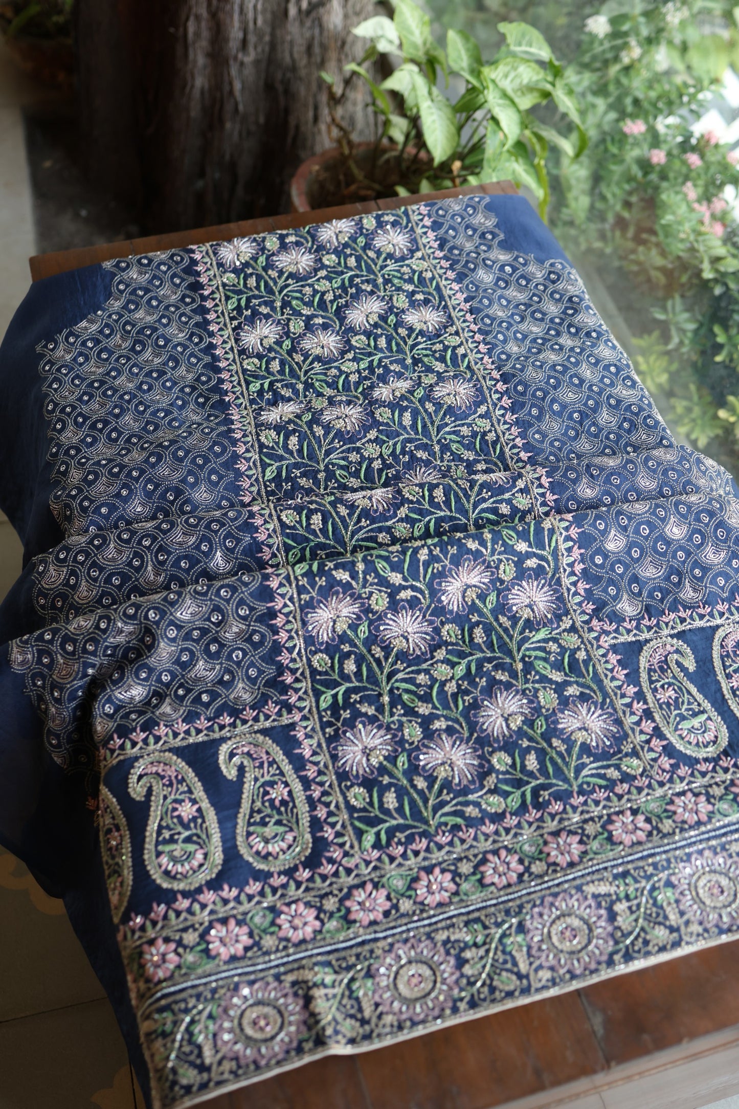 Navy Blue Noor Banarasi Organza Chikankari Unstitched Fabric