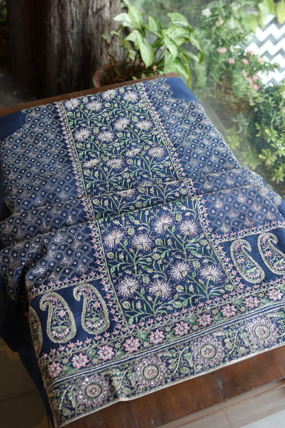 Navy Blue Noor Banarasi Organza Chikankari Unstitched Fabric