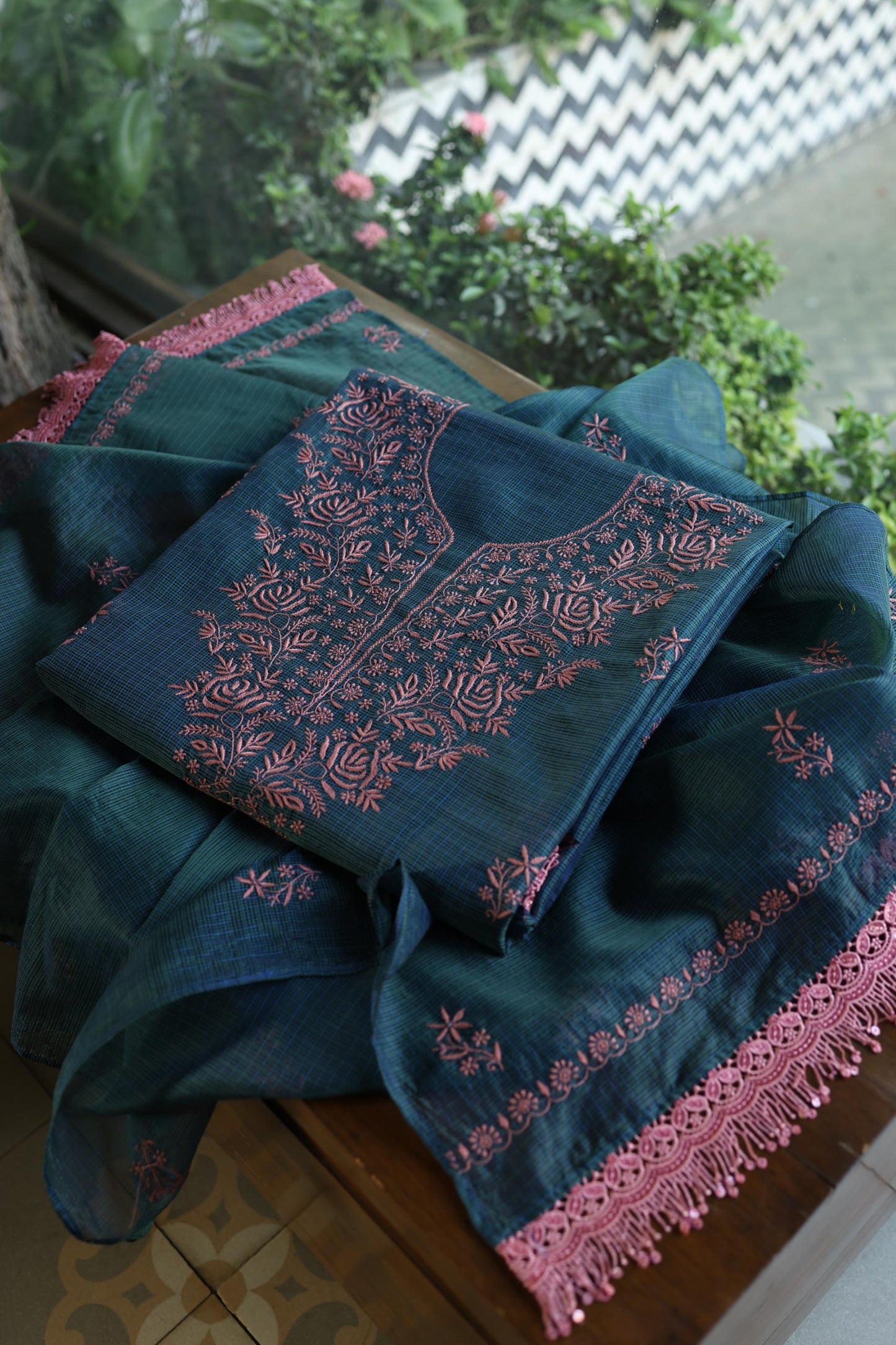 Navy Blue Shade Kota Chikankari Unstitched Fabrics
