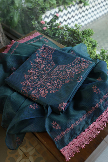 Navy Blue Shade Kota Chikankari Unstitched Fabrics