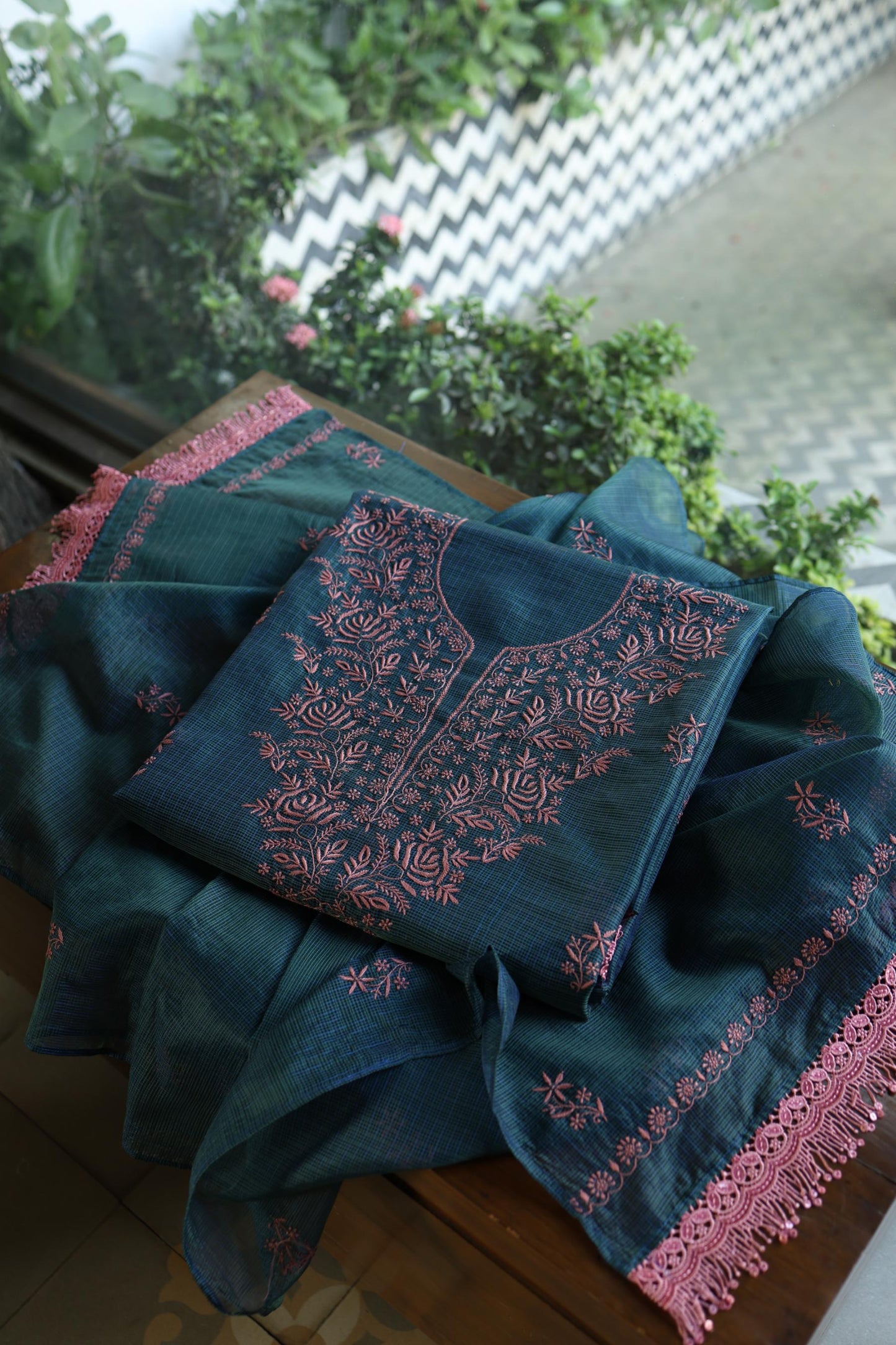 Navy Blue Shade Kota Chikankari Unstitched Fabrics