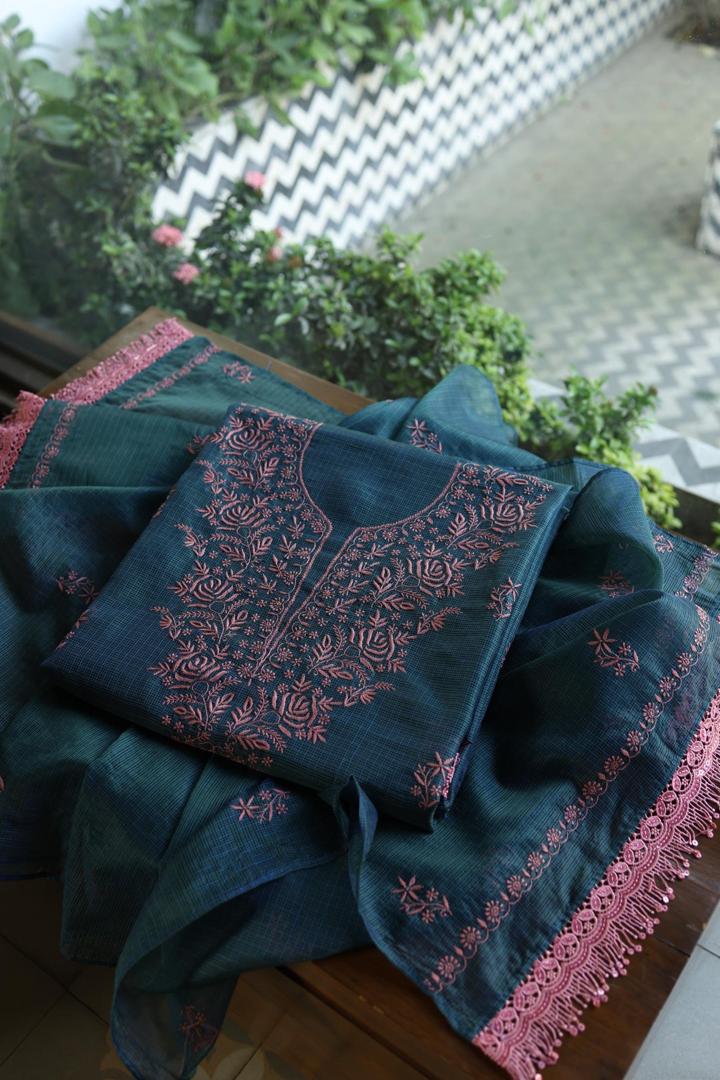 Navy Blue Shade Kota Chikankari Unstitched Fabrics