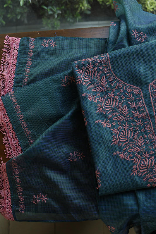 Navy Blue Shade Kota Chikankari Unstitched Fabrics