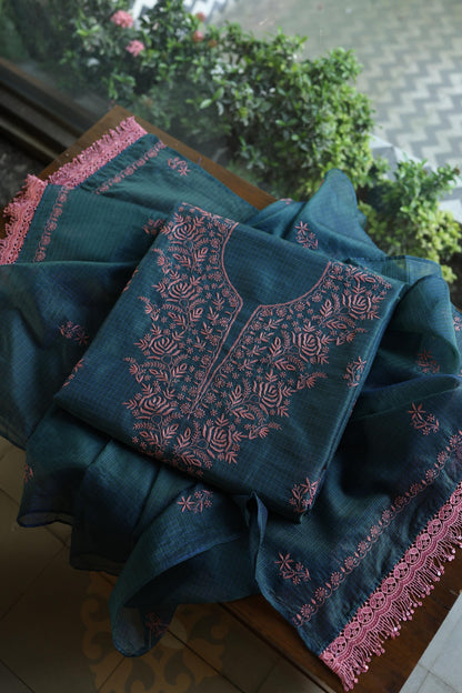 Navy Blue Shade Kota Chikankari Unstitched Fabrics