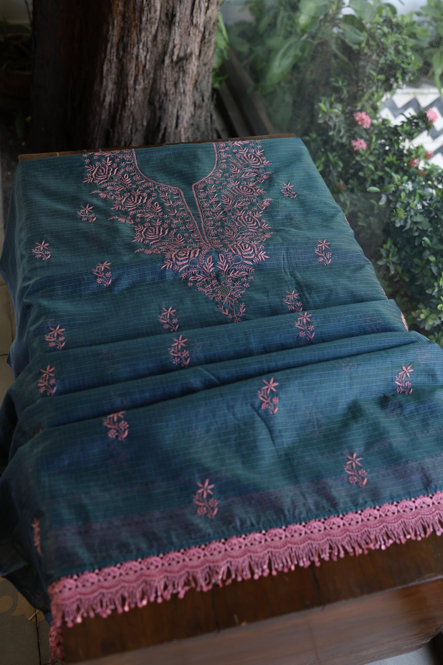 Navy Blue Shade Kota Chikankari Unstitched Fabrics