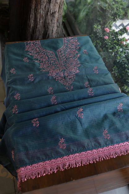 Navy Blue Shade Kota Chikankari Unstitched Fabrics