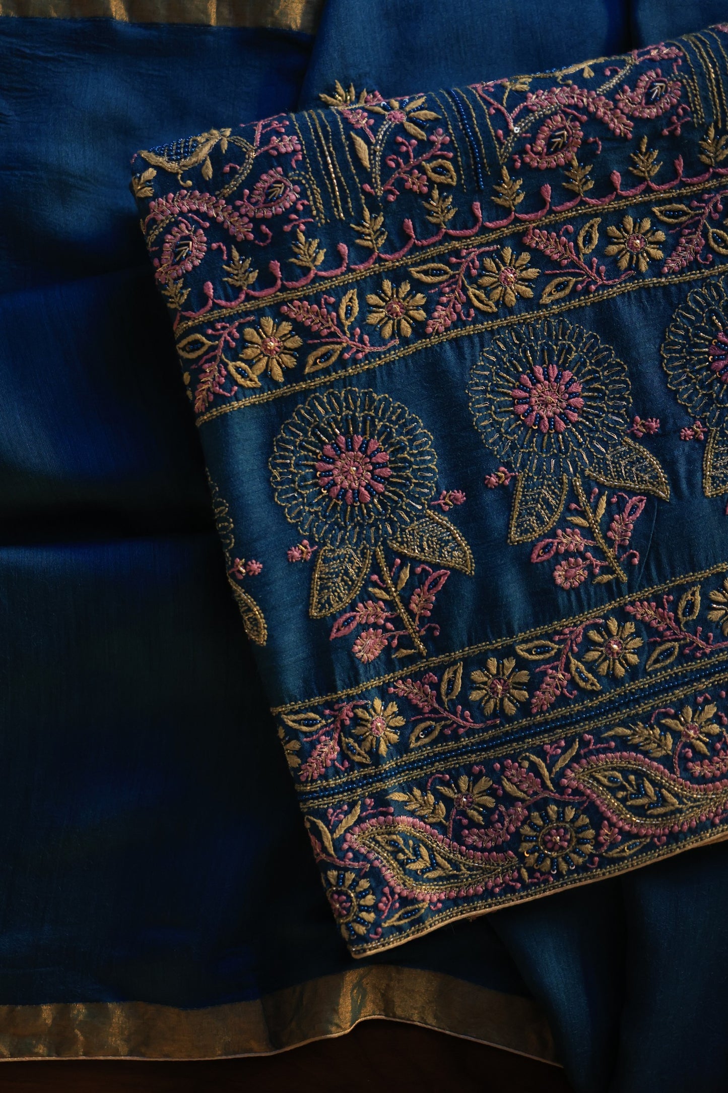 Navy Blue Shade Moonga Silk Chikankari Unstitched Fabric