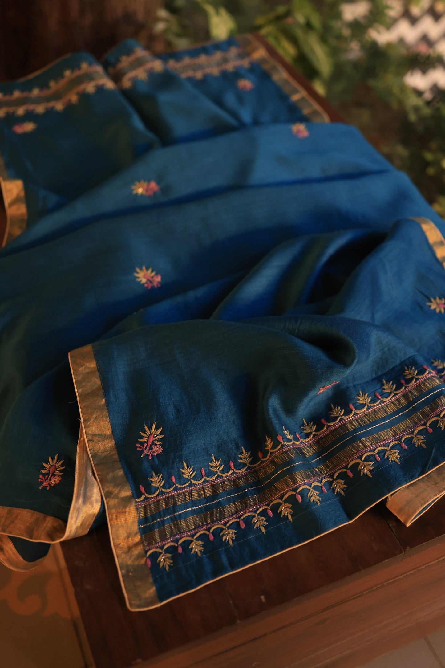 Navy Blue Shade Moonga Silk Chikankari Unstitched Fabric