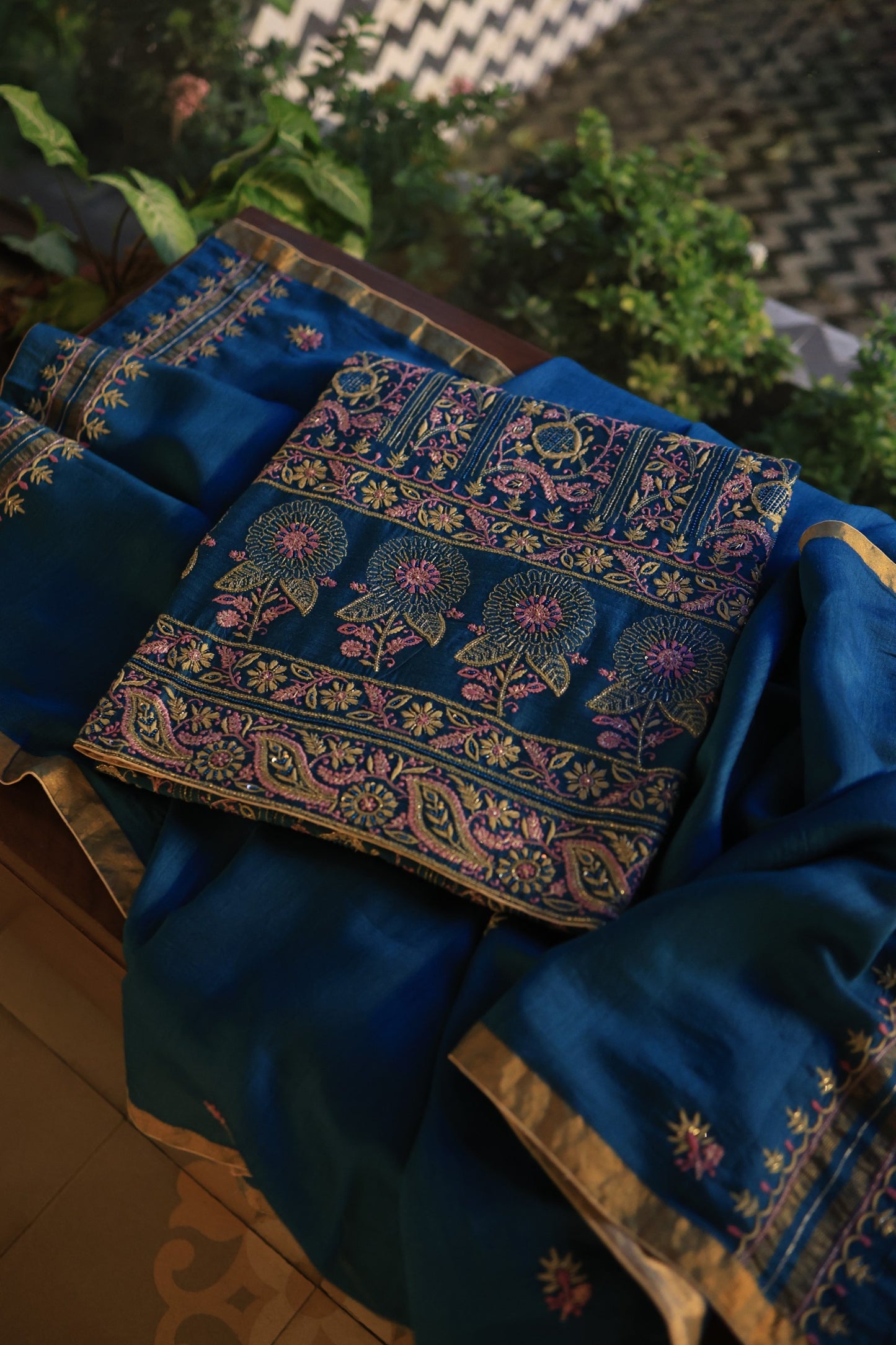 Navy Blue Shade Moonga Silk Chikankari Unstitched Fabric