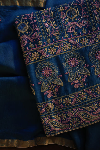 Navy Blue Shade Moonga Silk Chikankari Unstitched Fabric