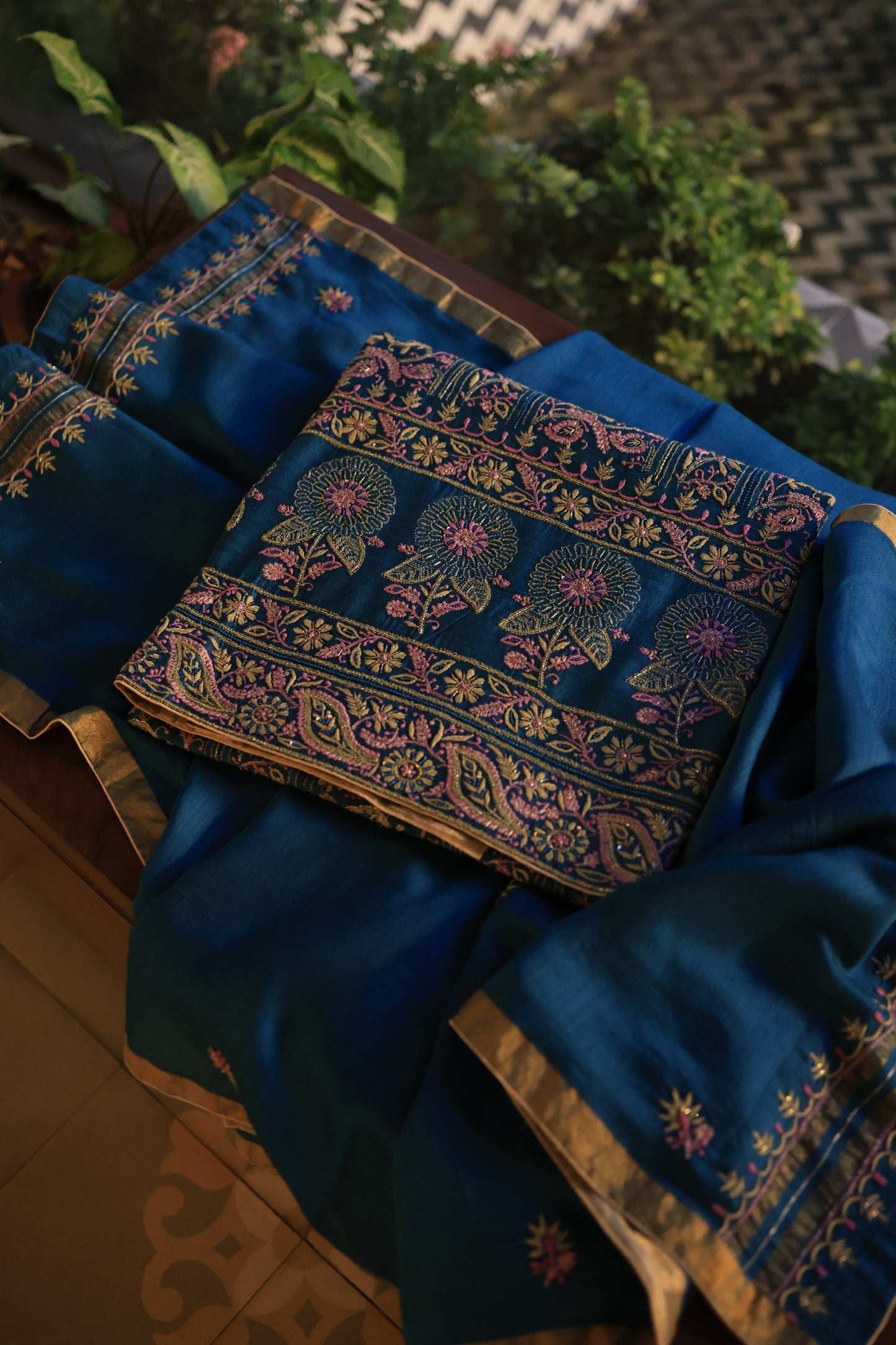 Navy Blue Shade Moonga Silk Chikankari Unstitched Fabric