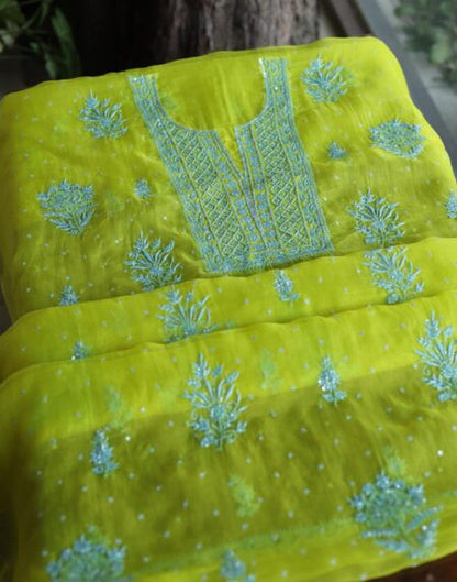 Neon Noor Organza Silk Chikankari Unstitched Kurta Dupatta Set