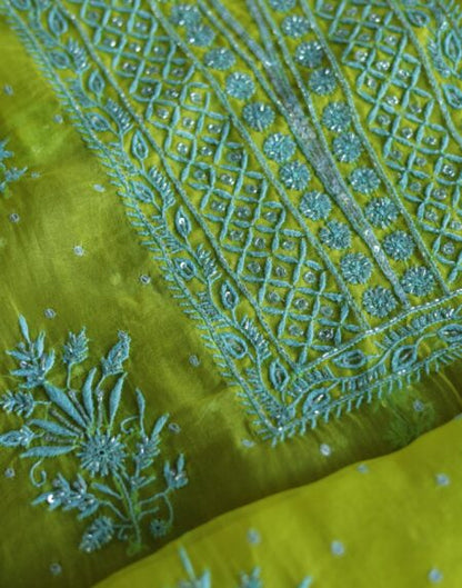 Neon Noor Organza Silk Chikankari Unstitched Kurta Dupatta Set