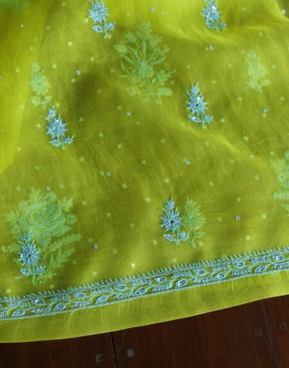 Neon Noor Organza Silk Chikankari Unstitched Kurta Dupatta Set