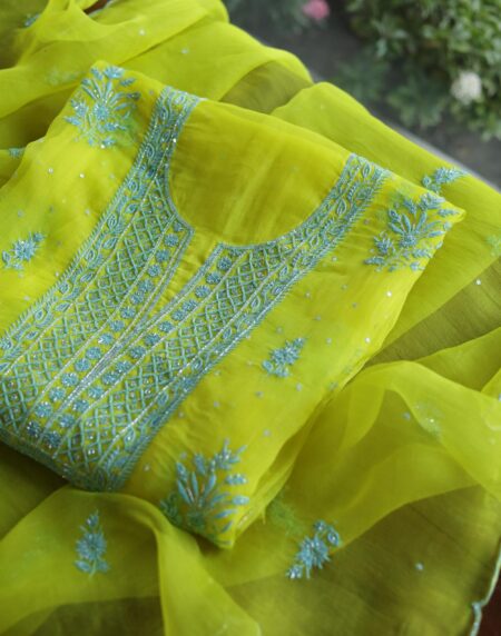 Neon Noor Organza Silk Chikankari Unstitched Kurta Dupatta Set