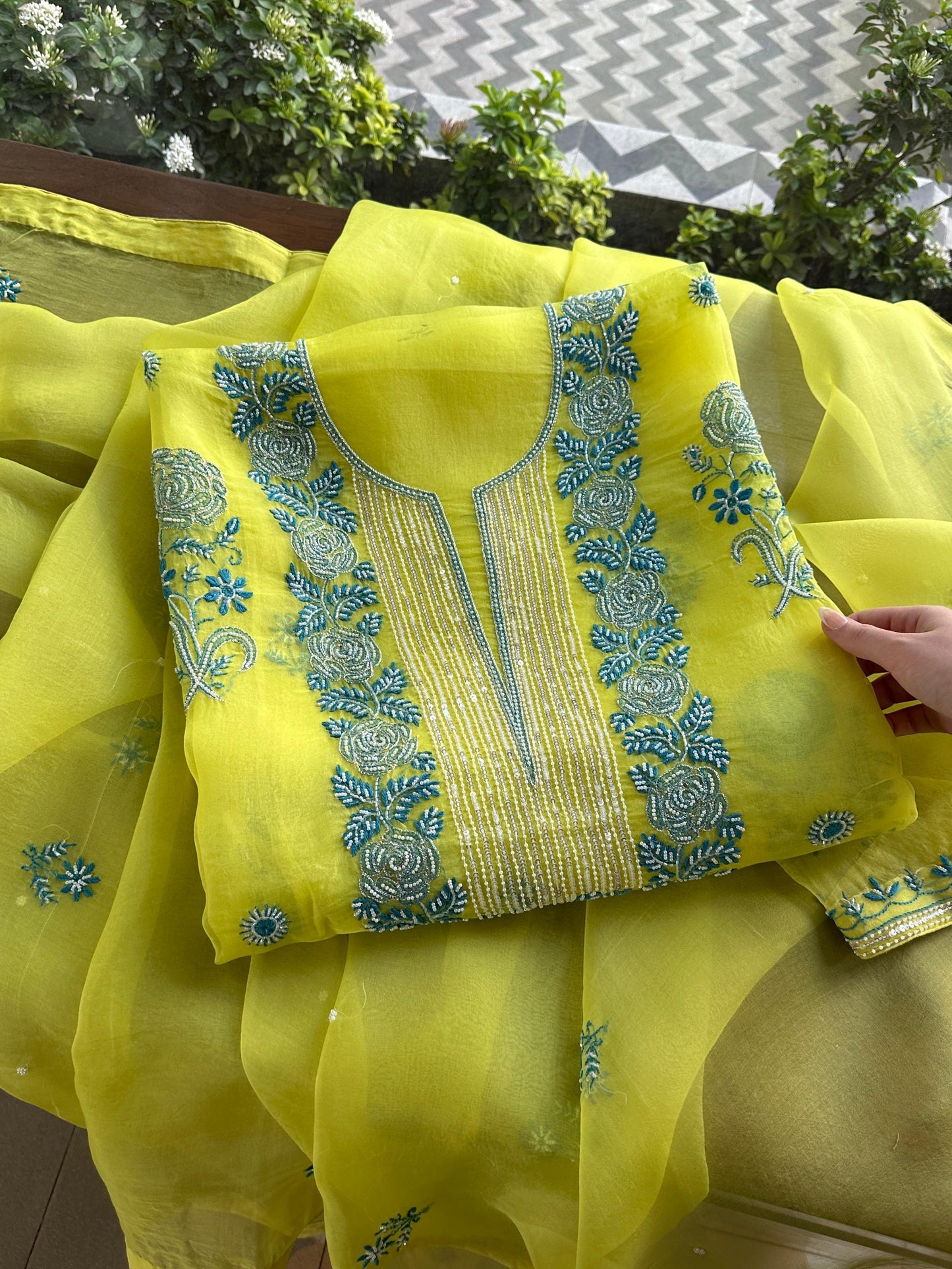 Neon Green Noor Organza Silk Chikankari Unstitched Fabric