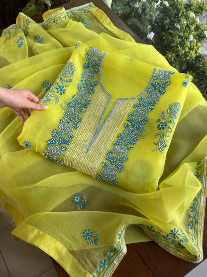 Neon Green Noor Organza Silk Chikankari Unstitched Fabric