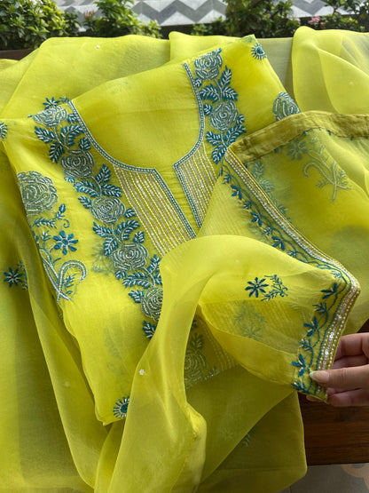 Neon Green Noor Organza Silk Chikankari Unstitched Fabric