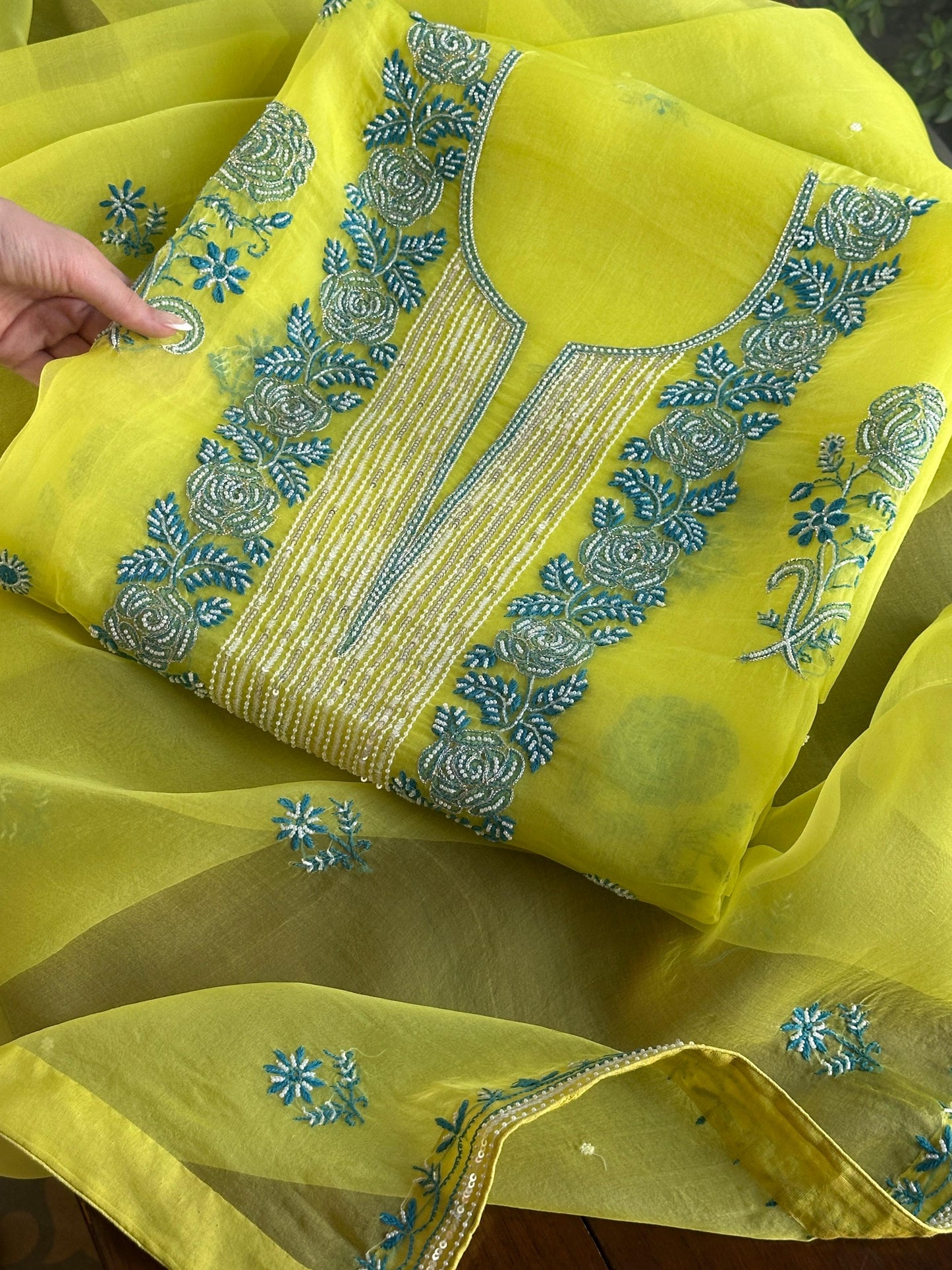 Neon Green Noor Organza Silk Chikankari Unstitched Fabric