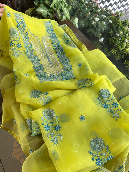 Neon Green Noor Organza Silk Chikankari Unstitched Fabric