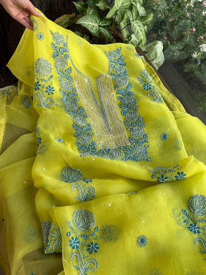 Neon Green Noor Organza Silk Chikankari Unstitched Fabric