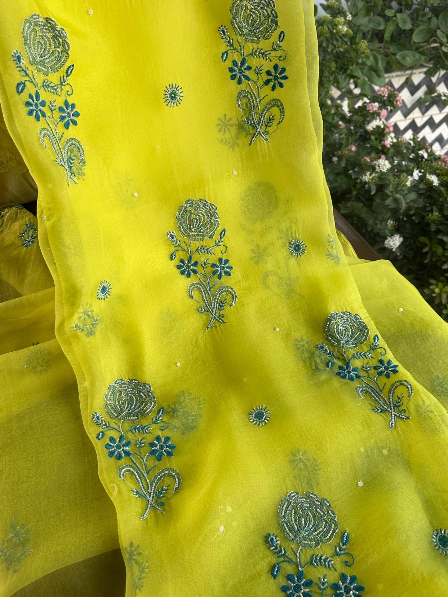 Neon Green Noor Organza Silk Chikankari Unstitched Fabric