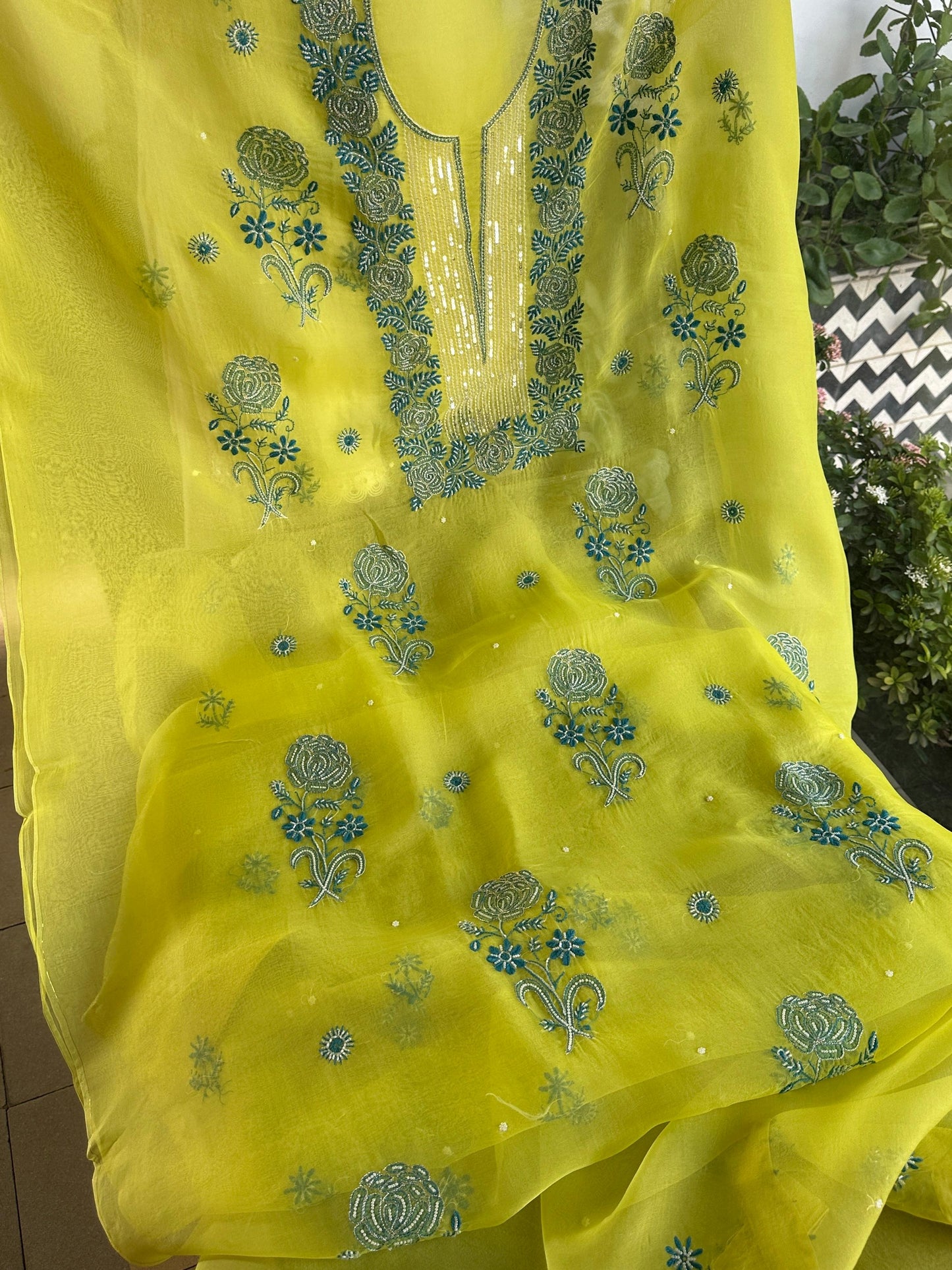 Neon Green Noor Organza Silk Chikankari Unstitched Fabric