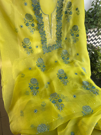 Neon Green Noor Organza Silk Chikankari Unstitched Fabric