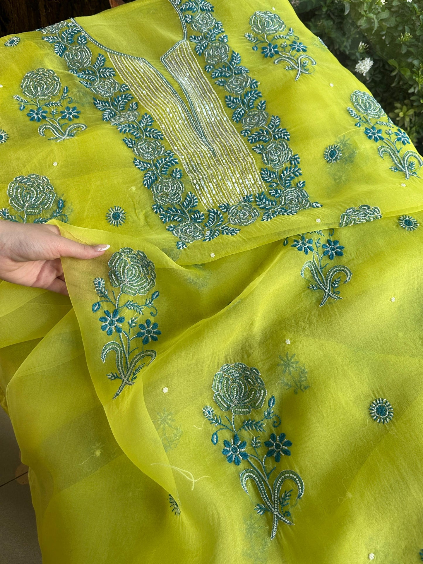 Neon Green Noor Organza Silk Chikankari Unstitched Fabric