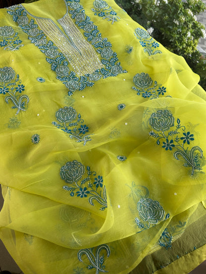 Neon Green Noor Organza Silk Chikankari Unstitched Fabric